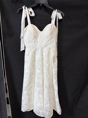 Aidan Mattox White Embroidered Midi Dress with Tie Straps